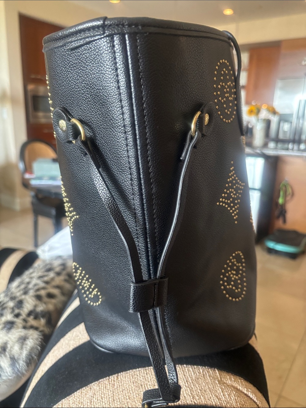 Black Perforated  fashion Monogram Studded Tote - Picture 4 of 11